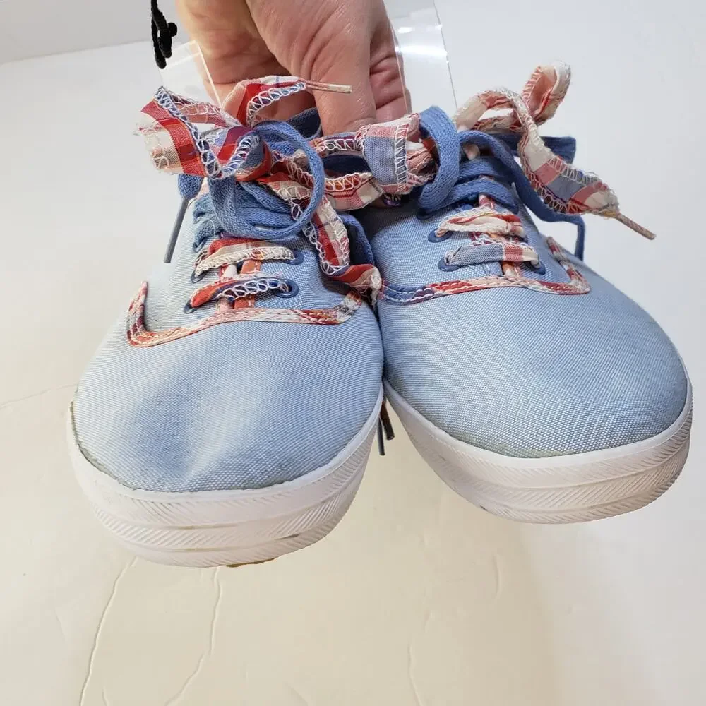 Keds Blue and Plaid Double Lace Canvas‎ Sneakers Shoes Women's 10 Summer Picnic